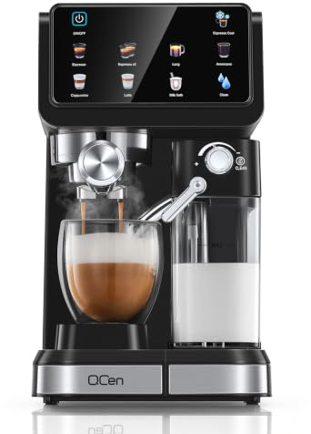 QCen Siebträgermaschine 20 Bar, 9-in-1 Espressomaschine mit Milchtank | 20 Bar Siebträgermaschine aus Edelstahl mit abnehmbarem Milchtank. 9 Automatikprogramme für Espresso, Cappuccino und Latte.