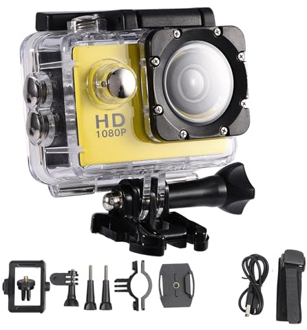 Pyltha Cámara Deportiva Mini DV Sumergible 1080P Azul - Impermeable 30m, Pantalla HD 2'', Soporte Bicicleta, Ideal para Deportes al Aire Libre (Amarilla)