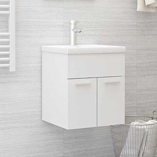 HengCaDa Vanity Unit with Built-In Basin, White Wood Material, 41 x 38.5 x 46 cm, Bathroom Furniture Set with Storage Space and 1 Compartment, Space-Saving for Bathroom, Guest Toilet, Washbasin Set