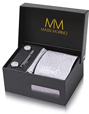 Massi Morino Krawatte Paisley Grau mit Einstecktuch Set Herren inkl. Manschettenknöpfe, Krawattennadel und Geschenkbox | Männer Krawattenset zur Hochzeit
