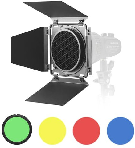 WELLMAKING Barndoor Bowens Mount with Honeycomb Grid and 4 Color Gel Filters (Red Orange Blue Green) for Any Led Lights, Itself Designed with Bowens Mount on The Back