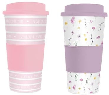 Invero Pack of 2 Colourful Decorative Insulated Tea, Coffee Travel Mugs (450ml 16oz) - Ideal for Mothers Day, Work, Travels, and more