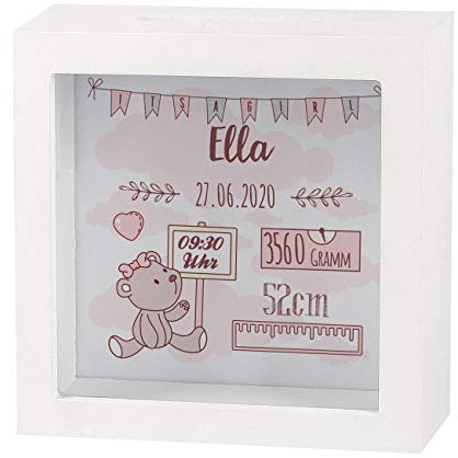 Striefchen® Spardose zur Geburt eines Kindes mit Namen und Geburtsdatum als Geldgeschenk Teddy Rosa