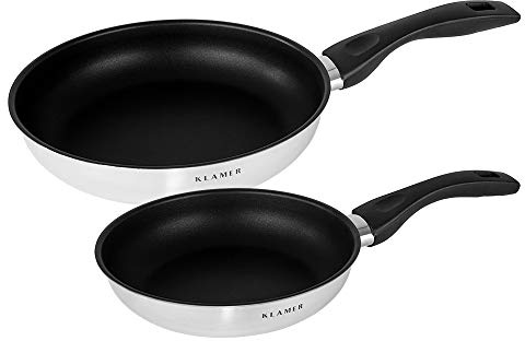 KLAMER Bratpfannen Set 20 und 24 cm für Induktion, Profi Edelstahlpfanne | Greblon C3+ Antihaftbeschichtung, fettarmes Braten ohne Anbrennen, PFOA-frei und backofenfest, mit Aluminiumkern und Griff