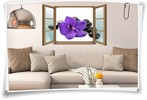Medianlux Wand-Tattoo Wand-Bild Fenster Wellness SPA Orchidee Stein Schwarz Violett Lila Aufkleber Folie Deko Wohnzimmer Küche Folie Digitaldruck, 90x58cm wb22wb805-127408