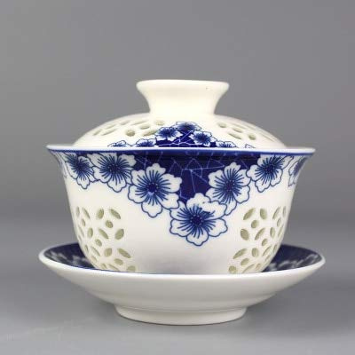 LINPO Zuppiera Ciotola in Porcellana Ciotola Dipinta a Mano Design Cava Gaiwan Ciotole con Coperchio in Ceramica Piattino con Coperchio