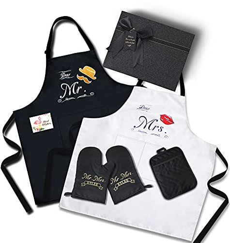 ETLEE Mr. & Mrs. Couple Aprons Set（2PCS） Adjustable Kitchen Cooking Bib Apron Wedding Anniversary Engagement Bridal Shower Gift For Couples and Newlyweds