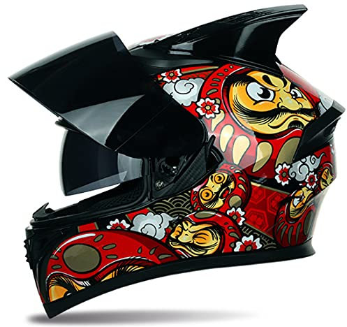 Casco Da Moto, Caschi Da Corsa Personalizzati per Tutte Le Stagioni, Casco Da Moto Integrale Leggero con Corna Doppia Visiera Antiappannamento per Uomo E Donna, Certificazione Dot/ece,Q,L