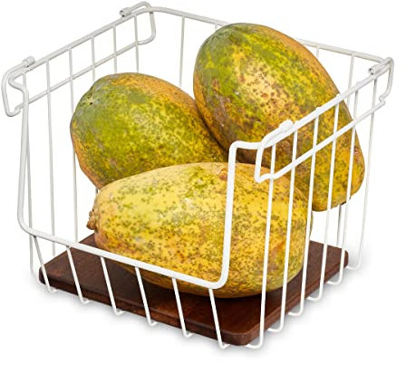 iDesign 95391EU The Ría Safford Collection Wire Basket, Open Front Cupboard Made from Metal and Acacia Wood, Kitchen Storage and Organisation, White and Natural, 18/10 Steel