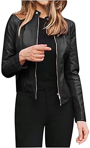 Skinnblusar Dam Vintage Kort PU Imiterad Biker Jacka Skinnjacka Blå Retro Läder Jacka Bomberjacka Motorcykel Jacka Slag Med Dragkedja Biker Punk Övergångsjacka (Color : Black, Size : M)