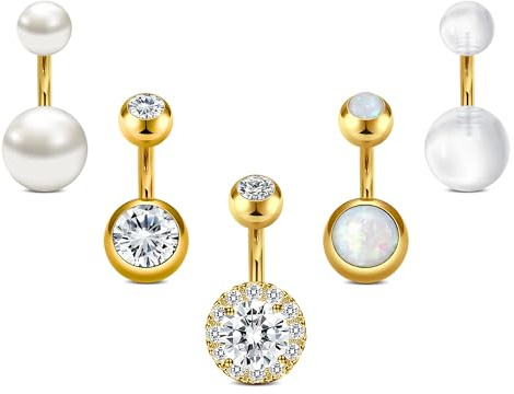 Crdifu 5 Piezas Piercing Ombligo Corto Acero Inoxidable 14G 6mm Anillos de Ombligo Joyería Corporal con Ópalo Circonita Perla para Mujer Oro
