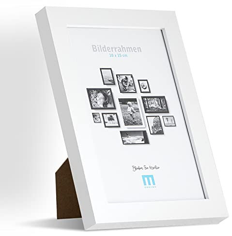Zeitlos, moderner Bilderrahmen aus MDF, weiß für 10x15 cm kleine Fotos und Bilder. Inkl. Acrylglasschutz. Er eignet sich als Tisch-Aufsteller und für die Wand, im Hochformat oder Querformat.