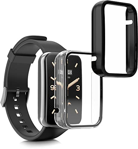 kwmobile Carcasa Compatible con Xiaomi Mi Band 7 Pro Funda - 2X Protector Pantalla Completo de Cristal Templado - Ultrafino y antigolpes - Negro/Transparente