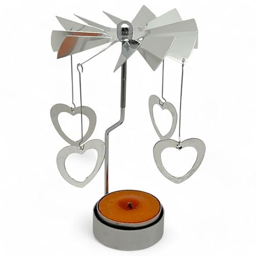Portacandele rotante a forma di giostra natalizia, in metallo, mini piramide rotante, 13,5 cm (argento - cuore)