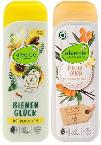 Alverde 2er-Körperpflege-Set: Bodylotion BIENENGLÜCK schnell einziehende Feuchtigkeitspflege mit BIO-OLIVENÖL (250 ml) + Körperlotion Bio-SANDDORN & Bio-VANILLE natürliche Hautpflege (250 ml), 500 ml