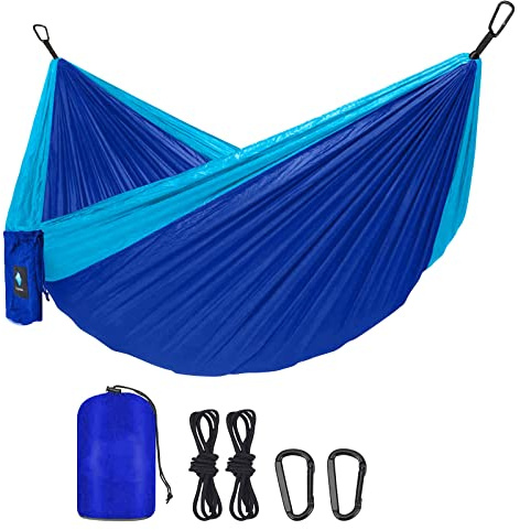DULKET Camping Hammock Portable Ultralight Travel Hammocks Breathable Nylon with 5 FT Tree Straps for Outdoor Camping Hiking Backpacking Indoor Garden （150kg Capacity） (Blue)