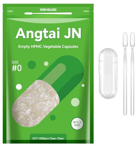 Angtai JN Capsule Vuote Vegetali Taglia 0-Chiavi Capsule Vuote per Riempimento con 2 Micro Cucchiai, Capsule Vuote Fai-Da-Te Compatibili con Dimensioni di Riempimento Capsule 0, 1000 Unità
