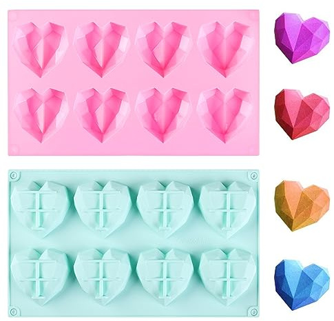 Herzform Backform, 2 Stück Silikon Herzform Kuchenform Schokoladenformen Silikonform Diamant Herz Formen zum Backen fur DIY Mousse Jelly Seifenkerzen (Rosa, Grüner)