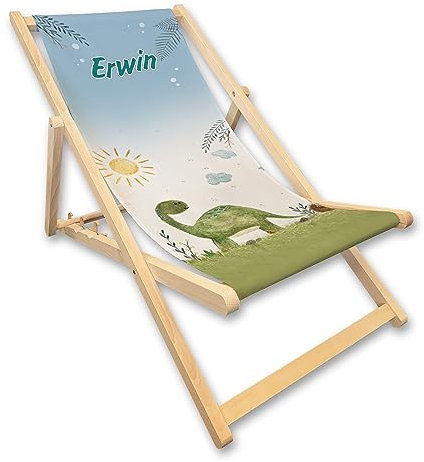 Unikatolo Kinder-Liegestuhl Dino mit Name personalisiert, Strandstuhl Klappstuhl Geschenkidee Geburtstag Kindergarten Kinderzimmerdeko Langhals