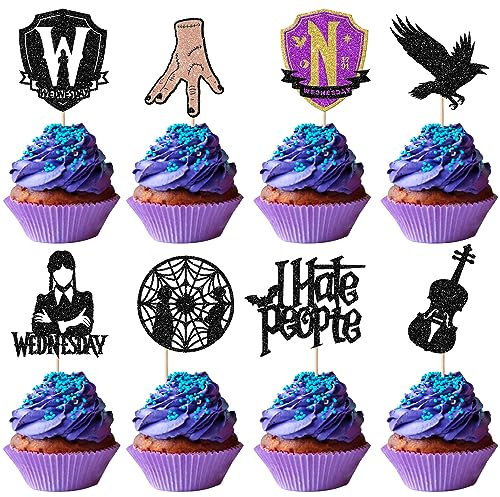 24 Pack Wednesday Birthday Addams Cupcake Toppers Glitter Fantasy Horror Thing Wednesday Cupcake Picks for Magic Hand Black Bat Girl Fantasy Addams Family Birthday Party Cupcake Decorations Supplies