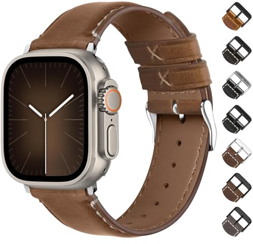 Fullmosa Armband, kompatibelt med Apple Watch, retro, läder, passar Apple Watch Ultra 2/Ultra (49 mm), Series 10 (46 mm), 9/8/7 (45 mm), SE2/SE/6/5/4 (44 mm), 3/2/1 (42 mm) – toffeebrunt armband med