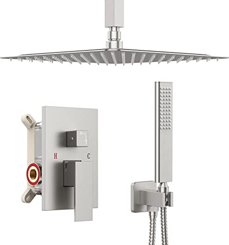 Iriber Duschsystem zur Deckenmontage mit 40,6 cm Regenduschkopf und Handbrause-Set enthält Duscharmatur Druckausgleichsmixer Trim Kit (Ventil im Lieferumfang enthalten), gebürstetes Nickel