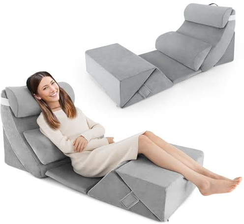 COSTWAY 7PCS Bed Wedge Pillows Set, Adjustable Memory Foam Incline Cushion with Headrest & Leg Elevation, Orthopedic Bed Back Support Pillow for Post Surgery, Reading, Acid Reflux, Pain Relief (Grey)