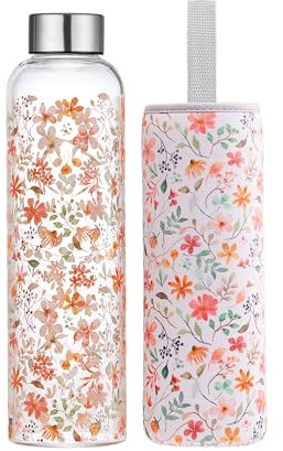 Autsel Glass Water Bottle 500ml Artistic Glass Drinking Bottle with Lid Leak Proof Borosilicate Water Bottle with Protection Sleeve, Fine Gifts for Girls and Women