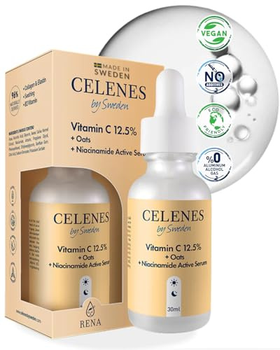 Celenes by Sweden Gesichtsserum – 12,5% Vitamin C, Haferextrakt, Niacinamid | Vorbeugung + Feuchtigkeit | Alkoholfrei, Parfümfrei, Parabenfrei | Hydratisierend & Aufhellend | 30ml
