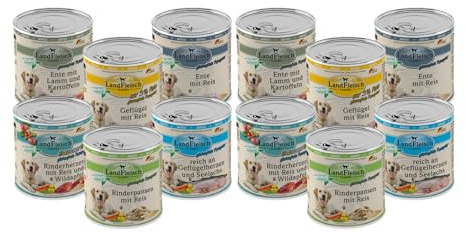 Landfleisch Classic Hundefutter 12 x 800g | Mixpaket mit garantiert 10 Sorten | Nassfutter für Hunde mit extra viel Fleisch und Gemüse + Alpha Spirit Snack gratis
