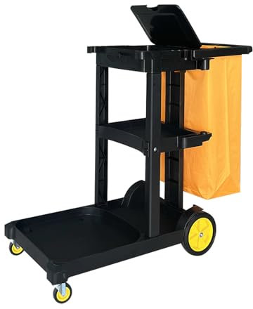 Hausmeisterwagen Reinigungswagen, Kunststoff Putzwagen Reinigungswagen, Haushaltsstation, Besen und Mopp-Organizer(Black)