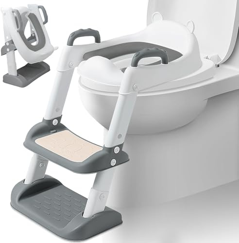 Qintora Riduttore WC Bambini, Scaletta WC per Bambini Pieghevole, Vasino Bambini con Scaletta, 2 in 1 Sedile WC con PU Morbida Seduta Adatto per Imbottita maschi e femmine Tazze WC a V, U, O (Grigio)