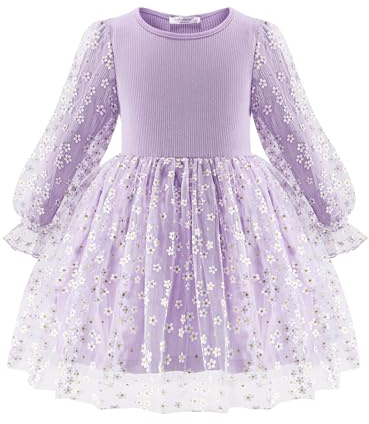 Arshiner Ragazze Abito Tulle Splice Nappe Bambini Manica Lunga Abiti A-Line Elegante Lanterna Maniche Abito da Festa Moda Festivo Casual Autunno Inverno Abito per Ragazze 2-7 Anni
