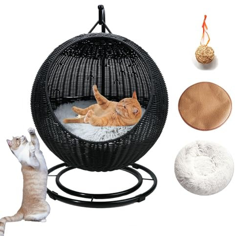 DLLDLGG Wicker Cat Bed Cat Hammock Bed, Hanging Basket Cat Swinging Bed for Indoor Outdoor, Washable Pet Bed Basket Indoor Outdoor for Cat Small Dog Animals(Black)