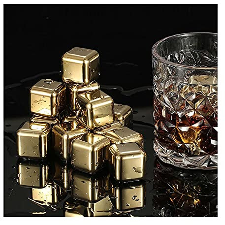 QTANZIQI Goldene Whiskey-Steine, Wiederverwendbare Edelstahl-Eiswürfel, Weinkühler, Whiskey-Kühlsteine ​​für Barzubehör, Whiskey und alle Getränke [8er-Set]