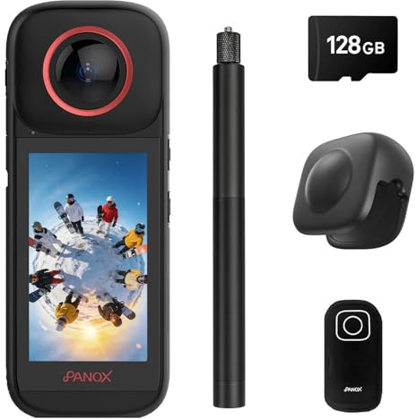 8K 360 Action Camera with Split-Screen Dual Recording, 12K Photo, Waterproof 10m, 3.0 Touchscreen, AI Auto Editing, 4K Live Streaming, GPS, Invisible Selfie Stick Effect, 128GB Card & Case Included