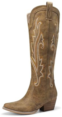 DREAM PAIRS Stivali da Cowboy Alti Fino al Ginocchio con Cerniera Laterale da Donna, Comodi Tacco Grosso retrò Stivali da Cowgirl Western Ricamati,Size 40,Abbronzatura,DWUMKB2501