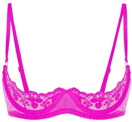 Raenseen Women's 1/4 Cup Sheer Lace Bra Unlined Tops Push Up Underwired Sponge No Padded Bralette Rose L