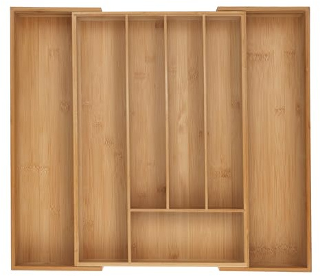 Relaxdays Besticklådor, expanderbar bambubestickhylla, 5-7 fack, H x B x D: 6 x 34–56 x 50 cm, naturlig