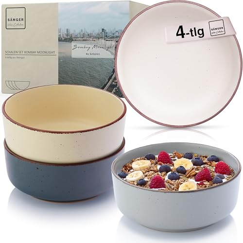 SÄNGER Bombay Moonlight | Steingut Schüssel Set 4 teilig, Müslischalen für 4 Personen, Schalen, kratz- mikrowellen- spülmaschinenfest, Kleine Schüsseln Tiefe Teller bunt 700 ml | VALUE COLLECTION