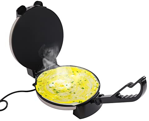 Roti Maker 220V 1800W Elektrische Edelstahl Doppelseitige Heizung mit Temperaturknopfes und Faltbar Griff Maismehl Presse Antihaftbeschichtung Tortilla Presse, für Pfannkuchen, Omeletts, Pizza usw