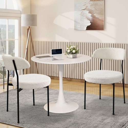 SoarTalent 3-Pieces 24 Small Round Dining Table and Dininig Chair Set for 2,MDF Table Top and Heavy Metal Base Leg for Dining Room Apartment Small Space,Boucle Fabric, White