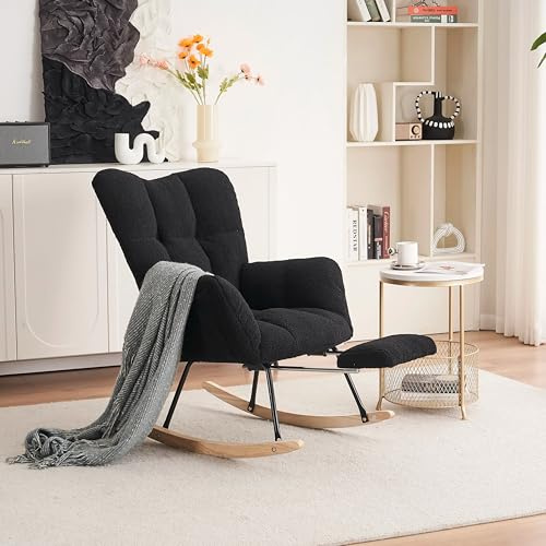 Schaukelstuhl Wohnzimmer, Schaukelsessel mit Polsterung, Lesesessel mit Ausziehbarer Fußstütze, Stillsessel, Relaxsessel mit Geräuschschutz, Cadre En Bois, Stillstuhl, 80x98x98.5cm (Schwarz)
