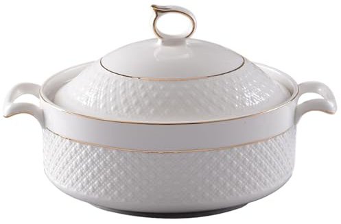 Cerámica de sopa Tureen, 1.5L para servir blancos con borde dorado de doble manija tureen con tapa y cucharón para pasta para pasta