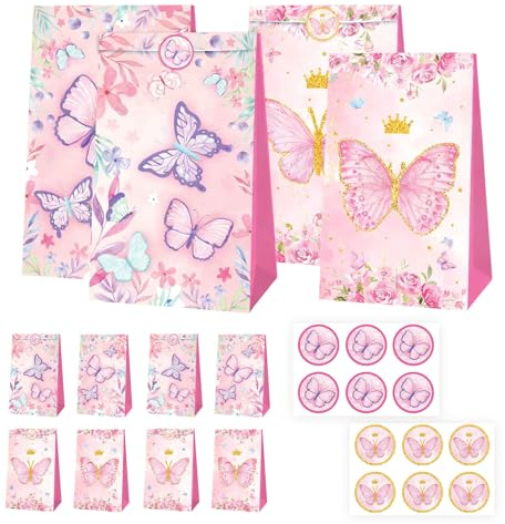 Wanheart 12 Stück Schmetterling Geschenktüten mit Aufklebern – Bunte Papiertüten für Kindergeburtstag, Party Süßigkeitentaschen, Popcorn Bags, Gastgeschenke für Mädchen Deko, 12x21cm