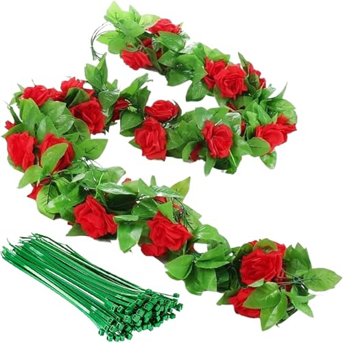ZenyTra 3 Stück Künstliche Rosenranken Rot, 230cm Rosen Girlande mit 42 Blüten & 20 Bindfäden, 4cm Blütendurchmesser,für Hochzeit, Garten, Balkon, Wanddeko, Tischdekoration