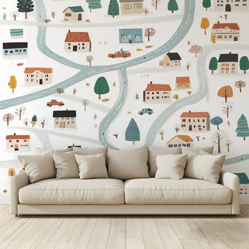 MKBKLI Papel pintado fotográfico con diseño de mapa de la ciudad de dibujos animados – Diseño para paredes de habitación – Fotomural no tejido 200 x 140 cm – Pegamento no incluido