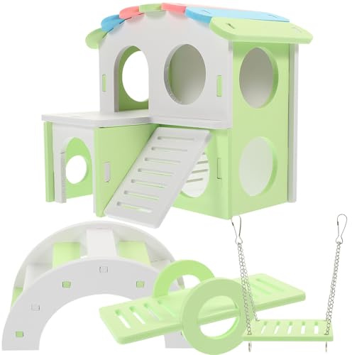 ANDRESLAD Hamster Hide House and Swing Set Plastic Reusable Cage Decor with Teeter Totter and Large Arch Bridge 4pcs Pet Toy for Guinea Pig and Small Animals Habitat