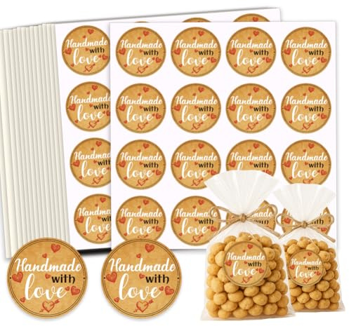 GOMAKERER 320 Pcs Homemade with Love Stickers, 2 Inch Round Waterproof Kraft Home Made Labels Jar Canning Label Stickers Self-Adhesive Packaging Sticker for Cookie Bags Businesses Gifts