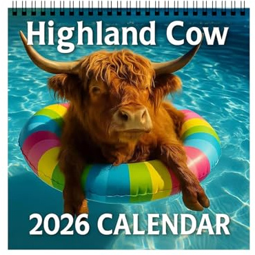 Jsnwernb Calendrier 2026 - 12 mois - 2026 - Motif boeuf des Highlands écossais - Calendrier de janvier à décembre - Papier épais - Planificateur mensuel - Pour décoration de la maison, enseignants